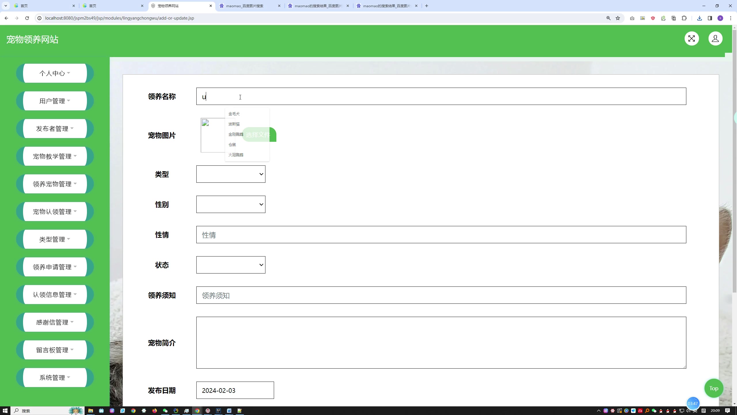 基于SpringBoot的宠物领养系统的设计与实现+开题报告+文献+一稿+问题总结+外文翻译+开题ppt+安装视频